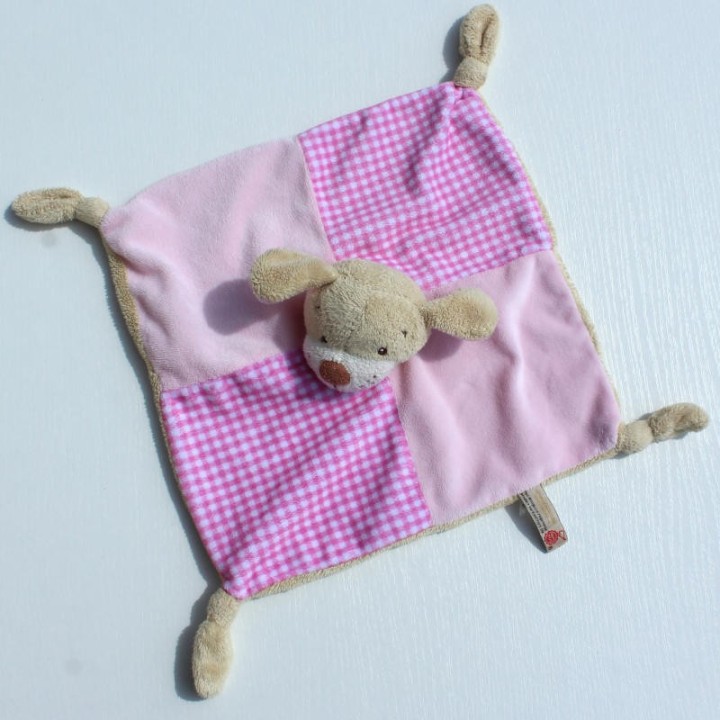 Doudou plat chien vichy rose, Keel Toys, vue de dessus
