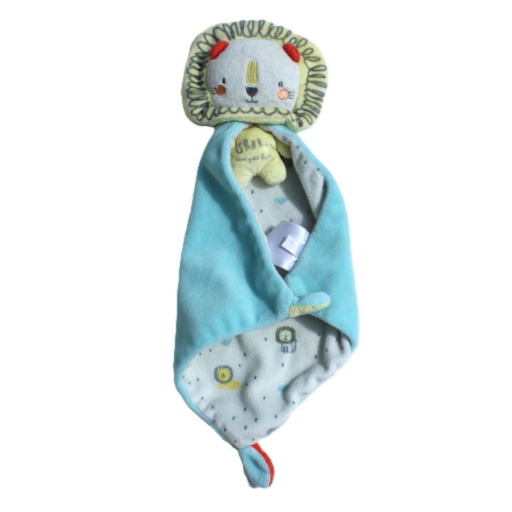 doudou plat mon petit lion jaune, cape turquoise